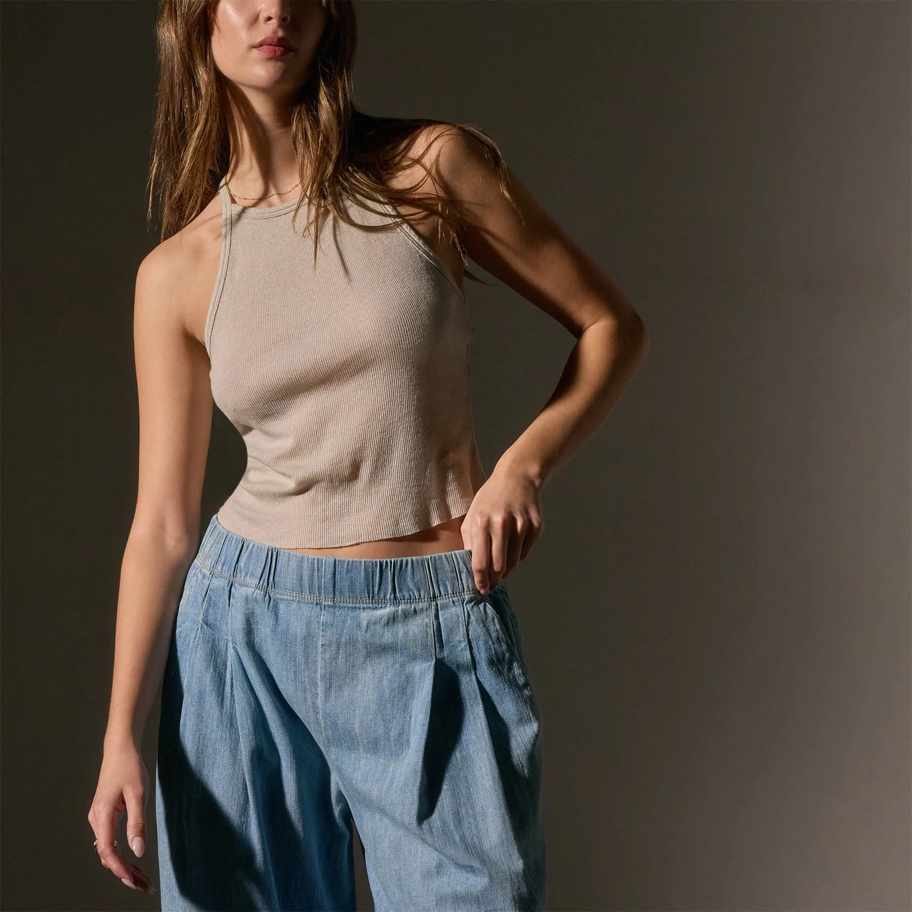 Cotton Cashmere Ribbed Racer Back Tank - Salt