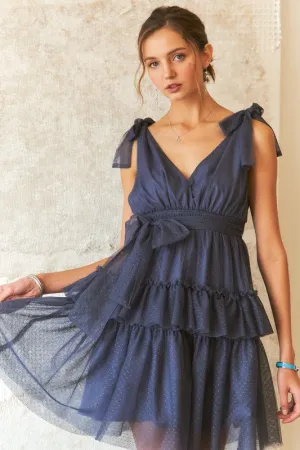 Dark Navy Tie Shoulder Polka Dot Mesh Dress