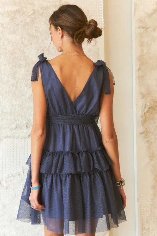 Dark Navy Tie Shoulder Polka Dot Mesh Dress