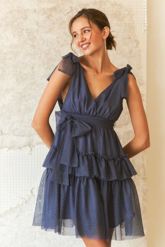 Dark Navy Tie Shoulder Polka Dot Mesh Dress