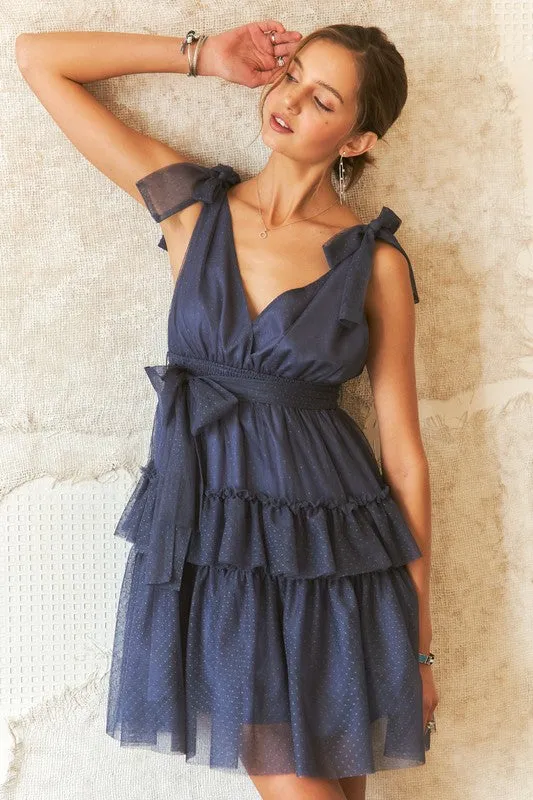 Dark Navy Tie Shoulder Polka Dot Mesh Dress