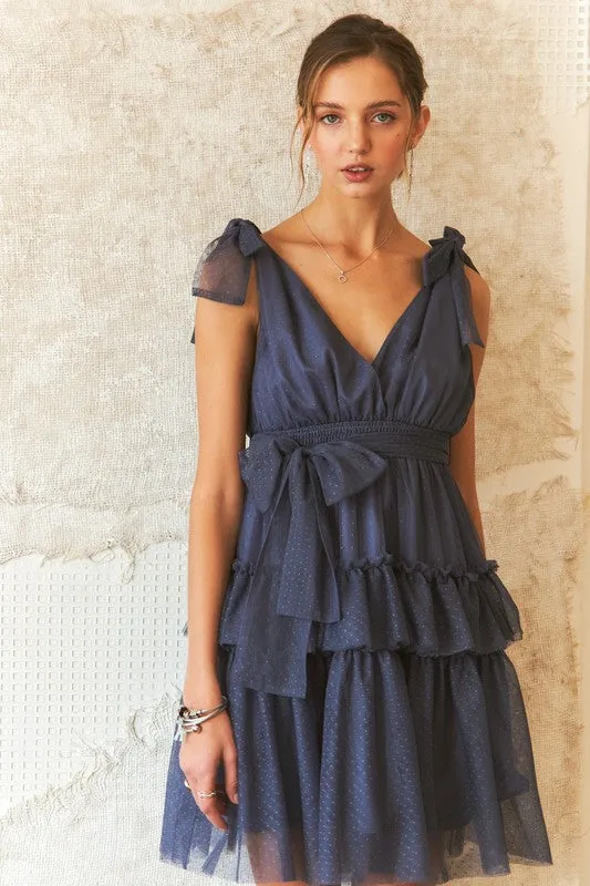 Dark Navy Tie Shoulder Polka Dot Mesh Dress