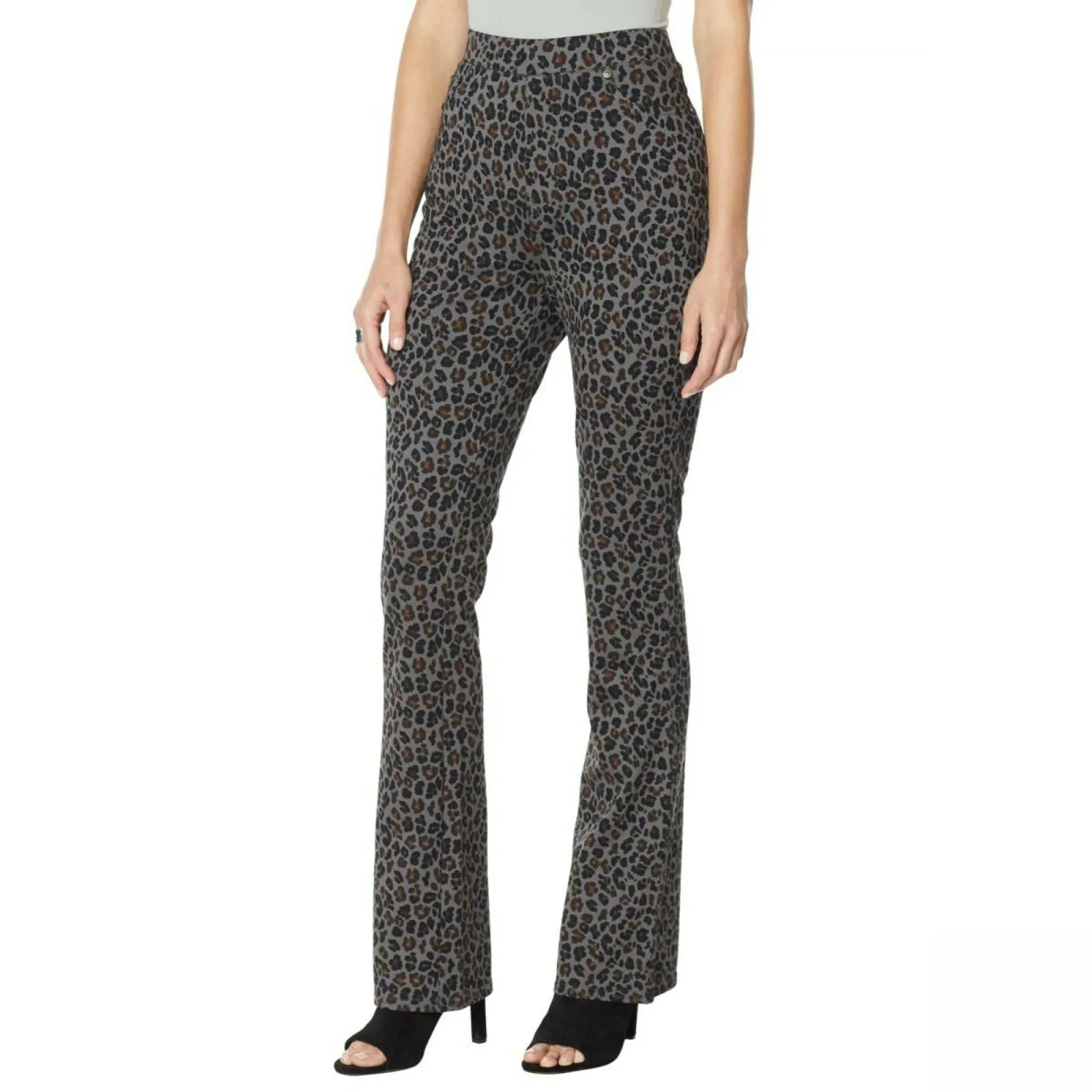 DG2 by Diane Gilman Pull On Stretch Ponte Boot Cut Pants Gray Leopard XL