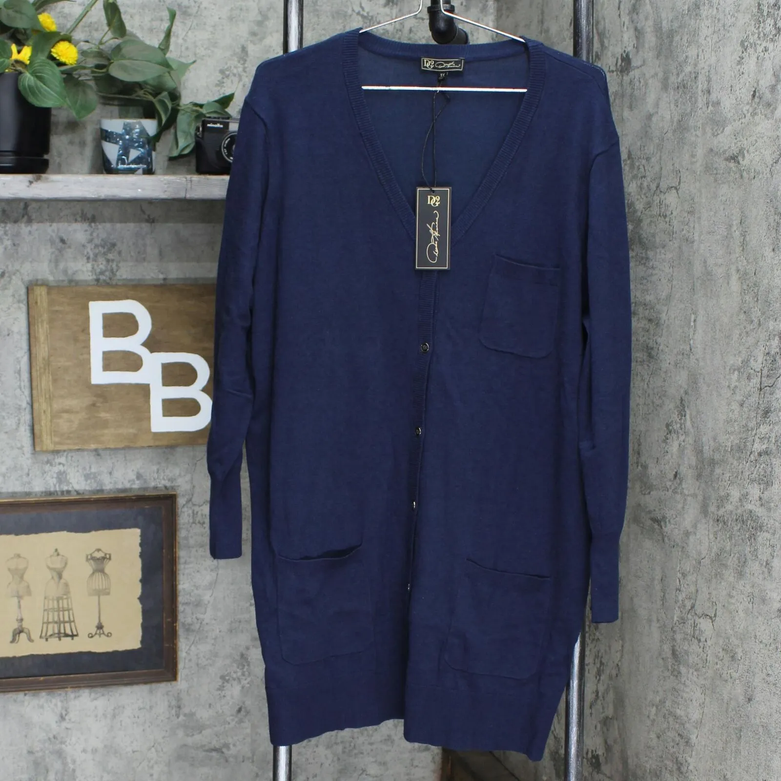 DG2 by Diane Gilman Quad Blend Long Sleeve Button Front Cardigan Navy Blue 1X