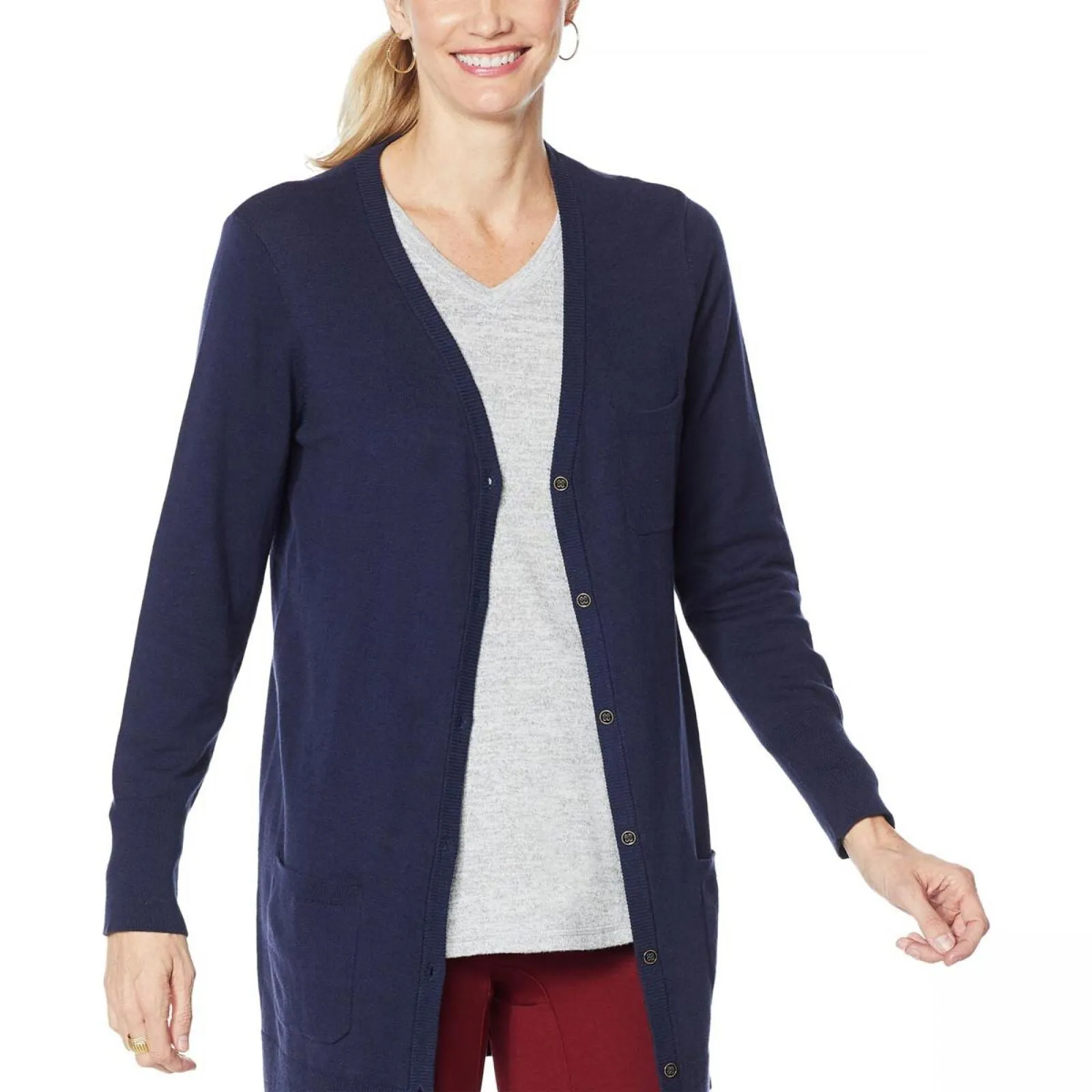 DG2 by Diane Gilman Quad Blend Long Sleeve Button Front Cardigan Navy Blue 1X