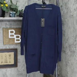 DG2 by Diane Gilman Quad Blend Long Sleeve Button Front Cardigan Navy Blue 1X