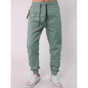 Drawstring Elastic Waist Beads Embellished Beam Feet Jogger Pants - Light Green L