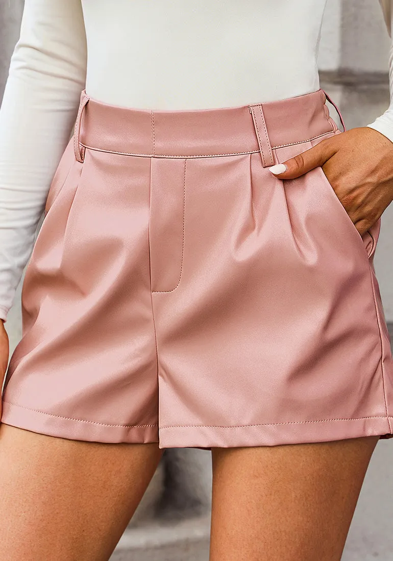 Dusty Pink Women's High Waisted PU Leather Shorts Stretch Pocket Pleat Shorts