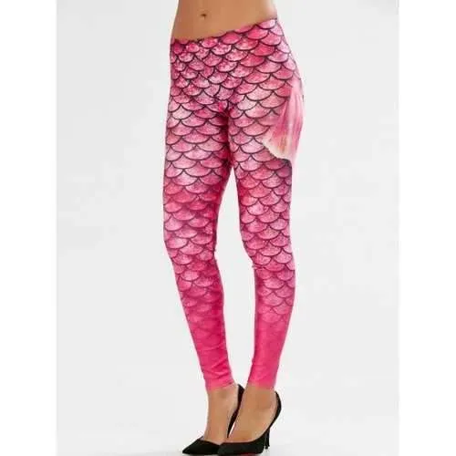 Elastic Waist Scale Print Mermaid Leggings - Pink S