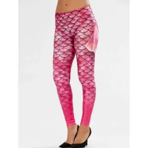 Elastic Waist Scale Print Mermaid Leggings - Pink S