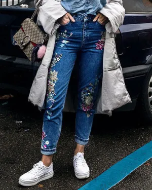 Embroidered High Waist Slim Straight Jeans