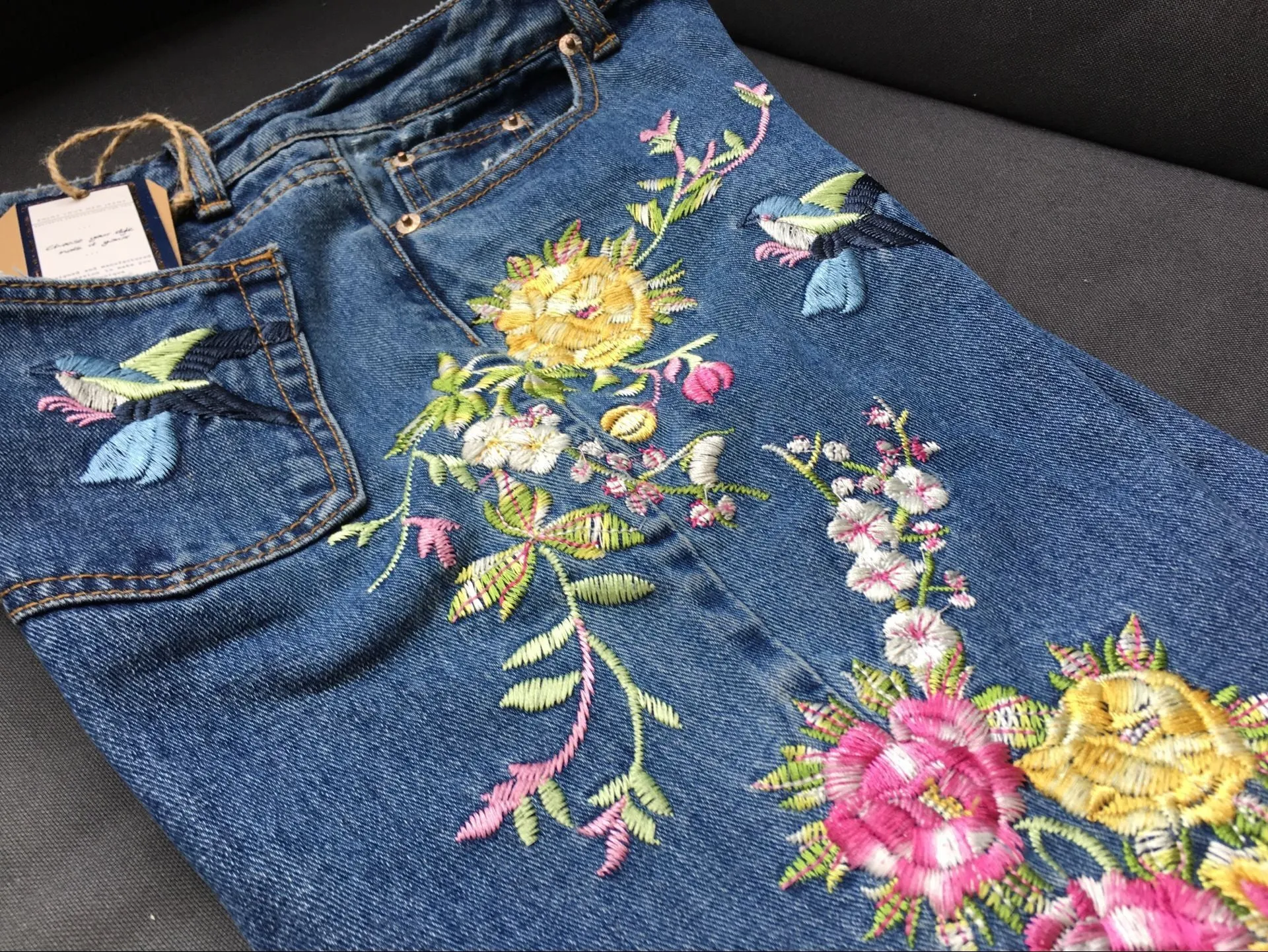 Embroidered High Waist Slim Straight Jeans
