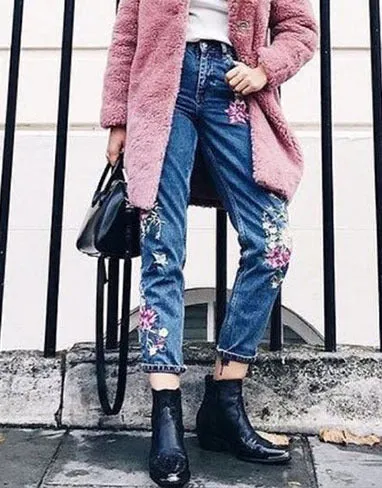 Embroidered High Waist Slim Straight Jeans