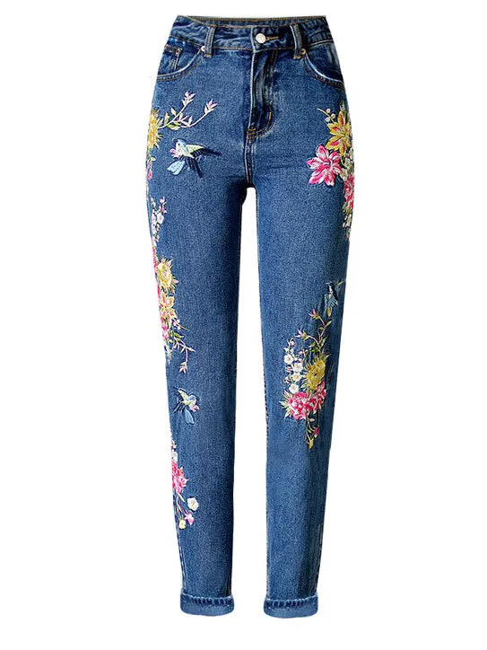Embroidered High Waist Slim Straight Jeans