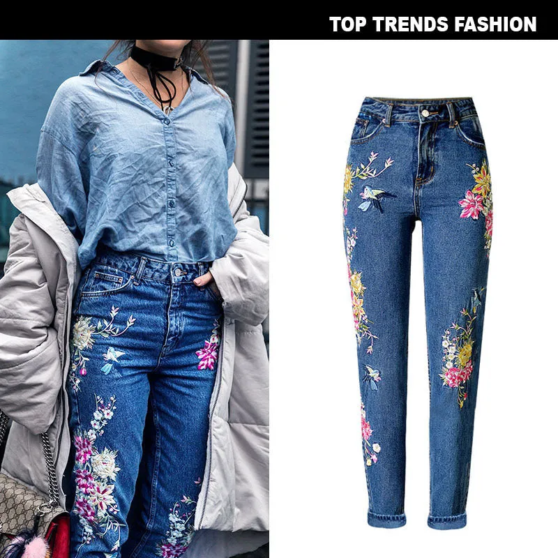 Embroidered High Waist Slim Straight Jeans