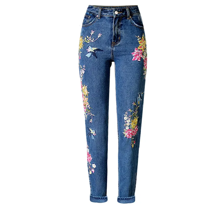 Embroidered High Waist Slim Straight Jeans