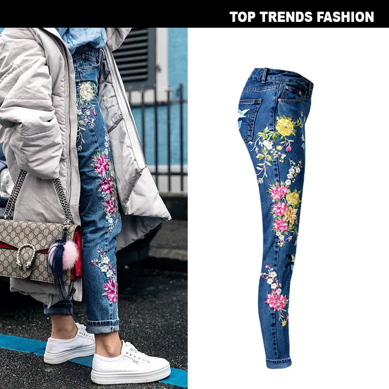 Embroidered High Waist Slim Straight Jeans