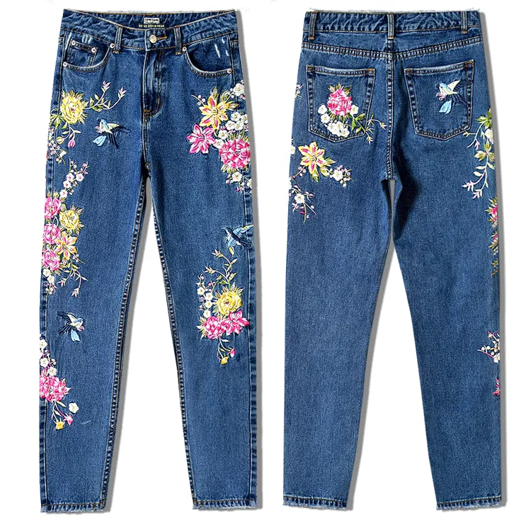 Embroidered High Waist Slim Straight Jeans