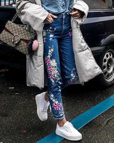 Embroidered High Waist Slim Straight Jeans