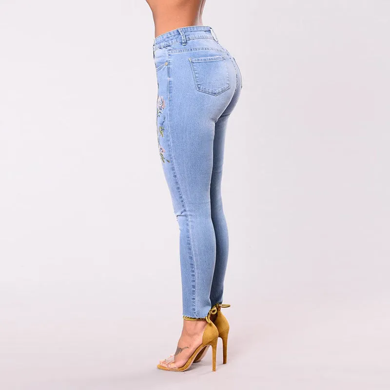 Embroidered Stretch Hole Hot Denim High Waist Pants Jeans