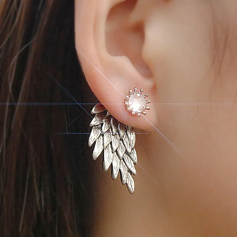 ES101 Women's Angel Wings Stud Earrings Inlaid Crystal Alloy Ear Jewelry Party Earring Gothic Feather Brincos Fashion 2017