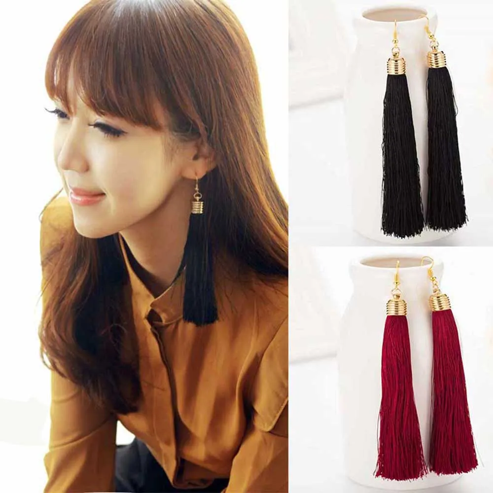 FAMSHIN 2017 New Hot Tassel Drop Earrings  Black vintage tassel earrings long earring Big Dangle Female