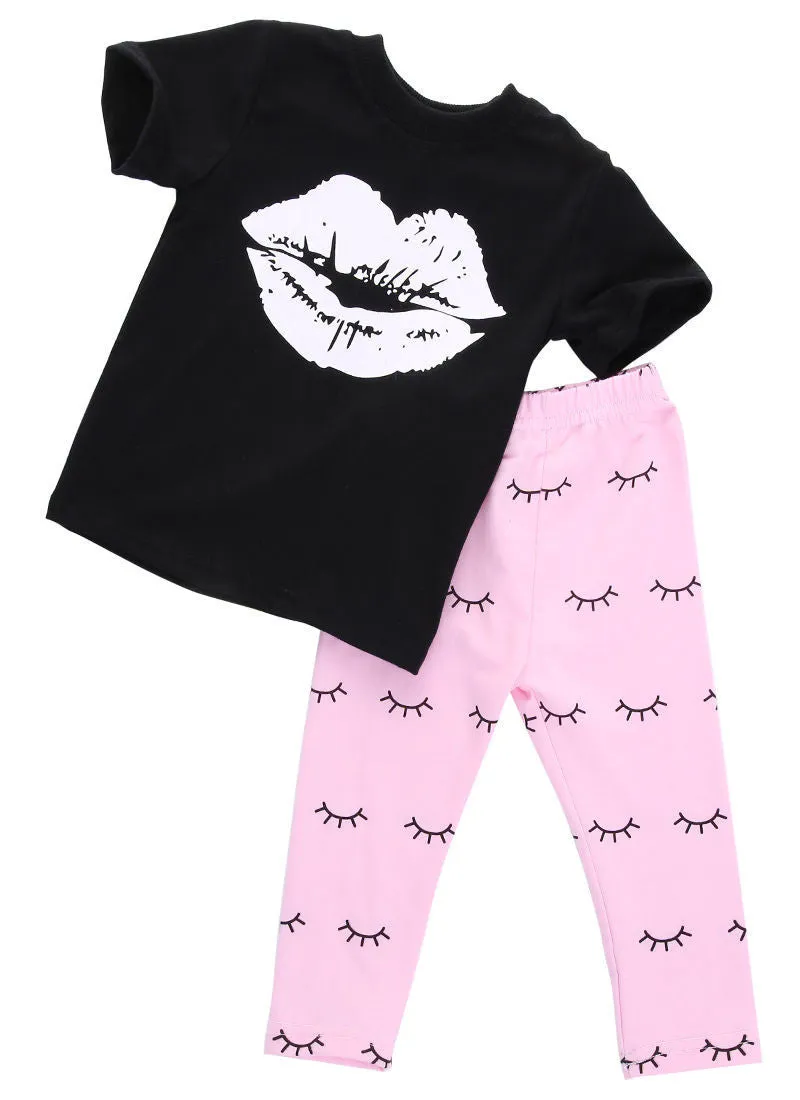 Fashion Baby Girls Clothes 0-4Y Toddle Kid Summer Short Sleeve Slip Print T-Shirt and Eyelash Pant 2pcs Children Set
