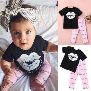 Fashion Baby Girls Clothes 0-4Y Toddle Kid Summer Short Sleeve Slip Print T-Shirt and Eyelash Pant 2pcs Children Set
