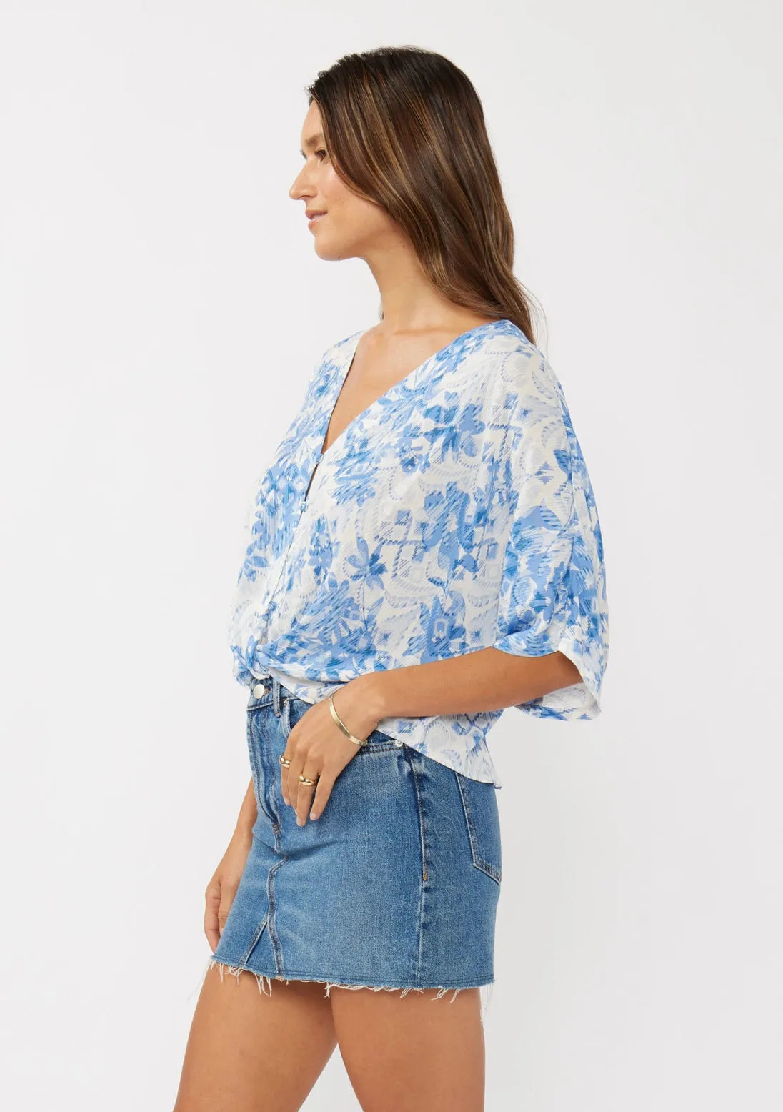 Floral Tie Front V-Neck Short Sleeve Blouse Button Down Blue White