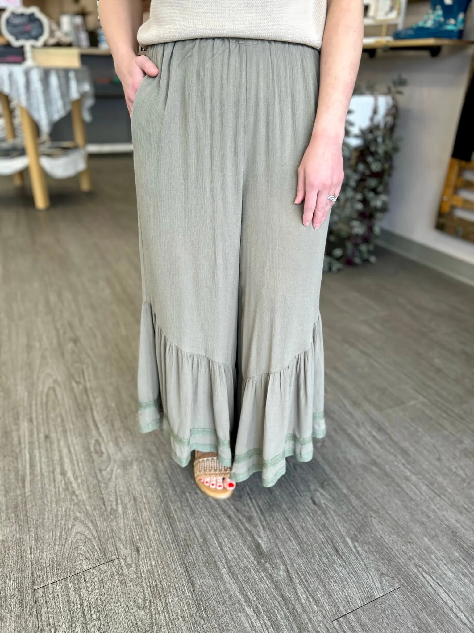 French Sage Lace Detailed Pants