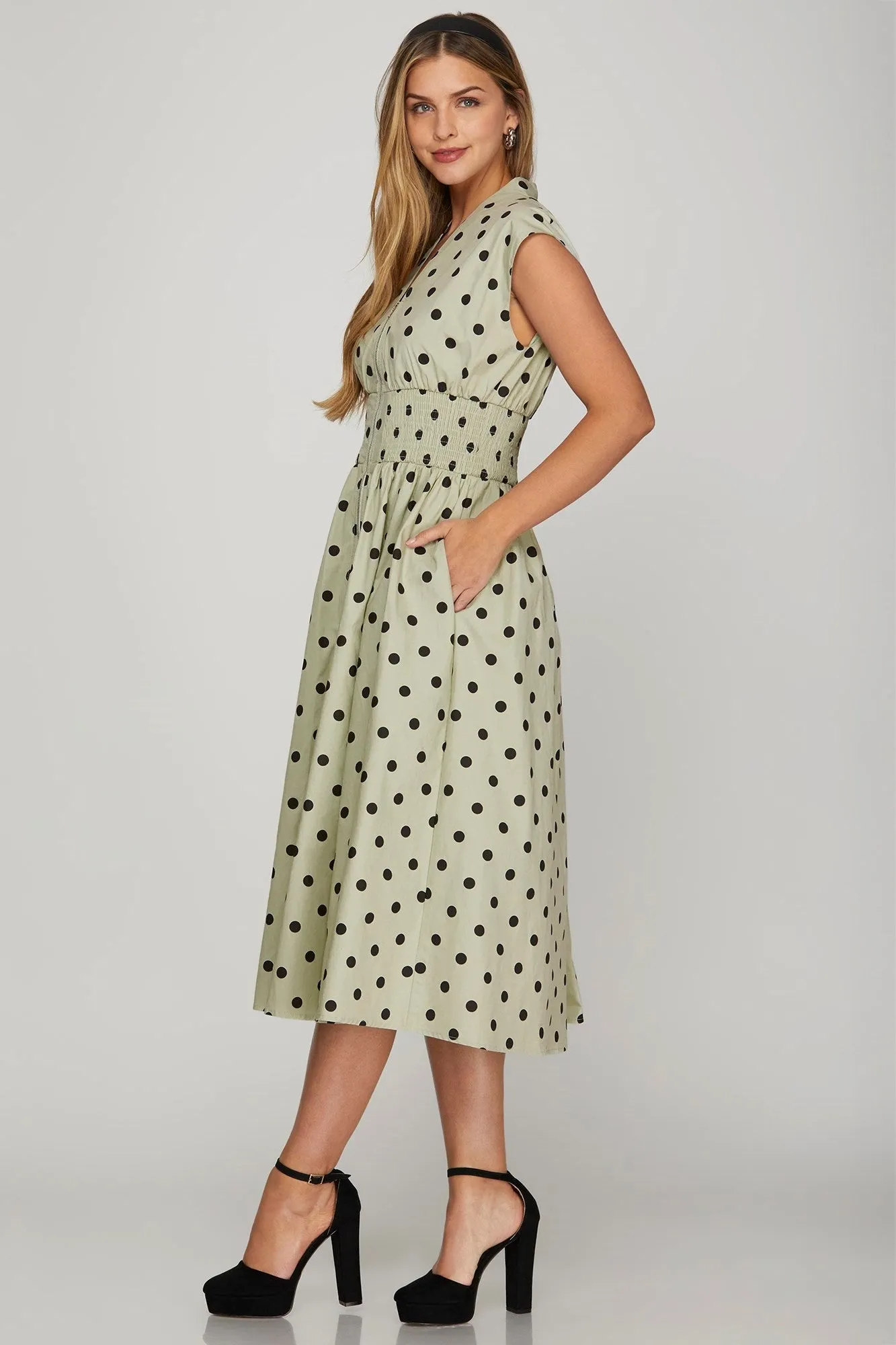 Front Zip Polka Dots Cap Sleeve Midi Dress
