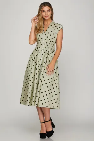 Front Zip Polka Dots Cap Sleeve Midi Dress