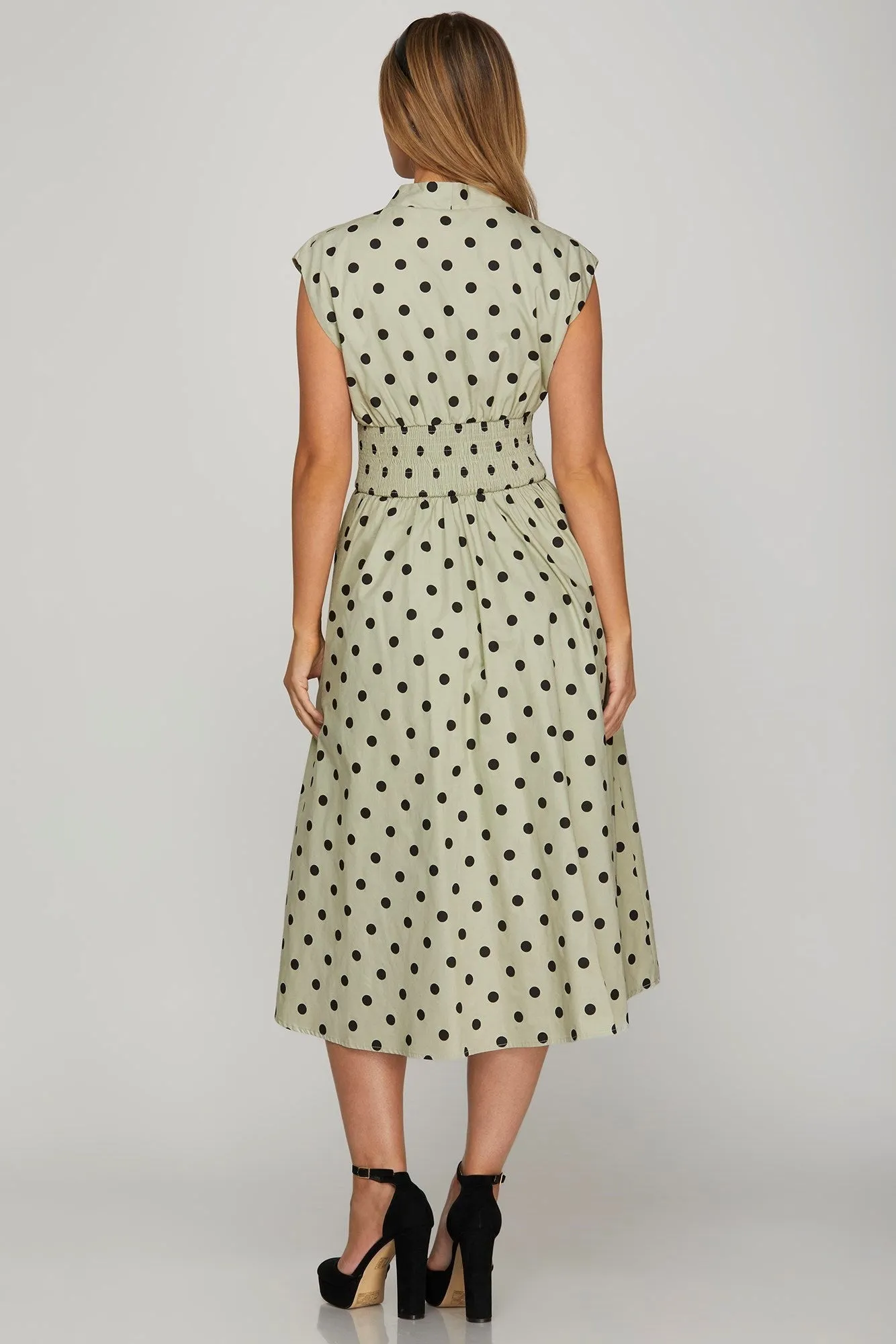 Front Zip Polka Dots Cap Sleeve Midi Dress