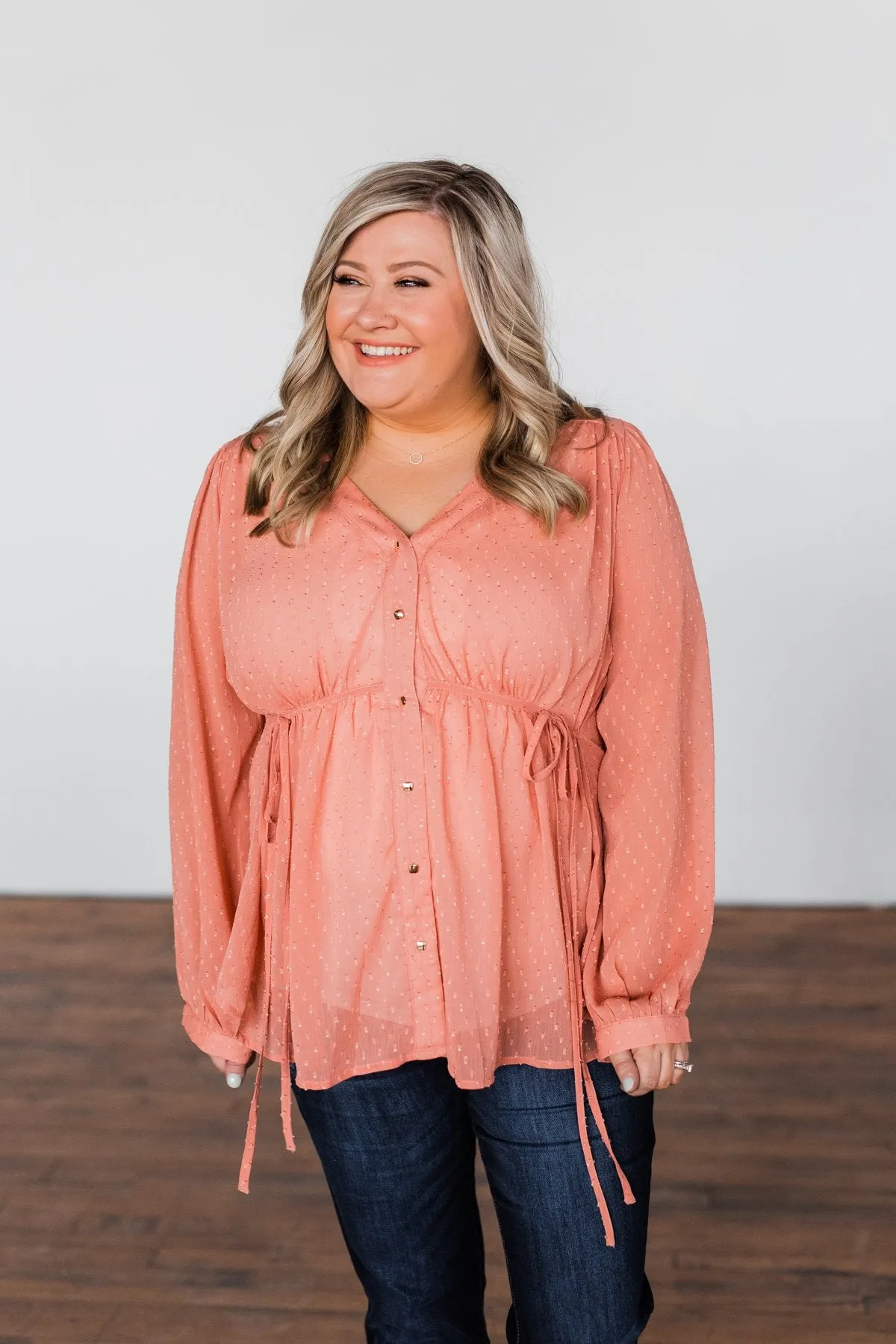 Get Together V-Neck Tie Blouse- Dusty Peach