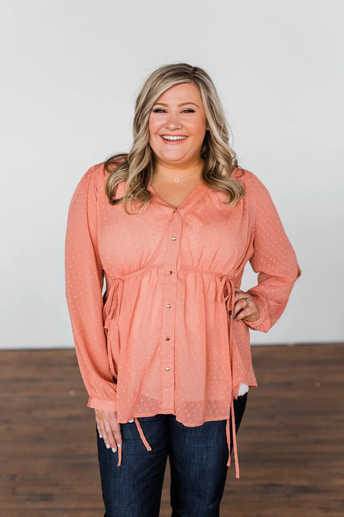 Get Together V-Neck Tie Blouse- Dusty Peach