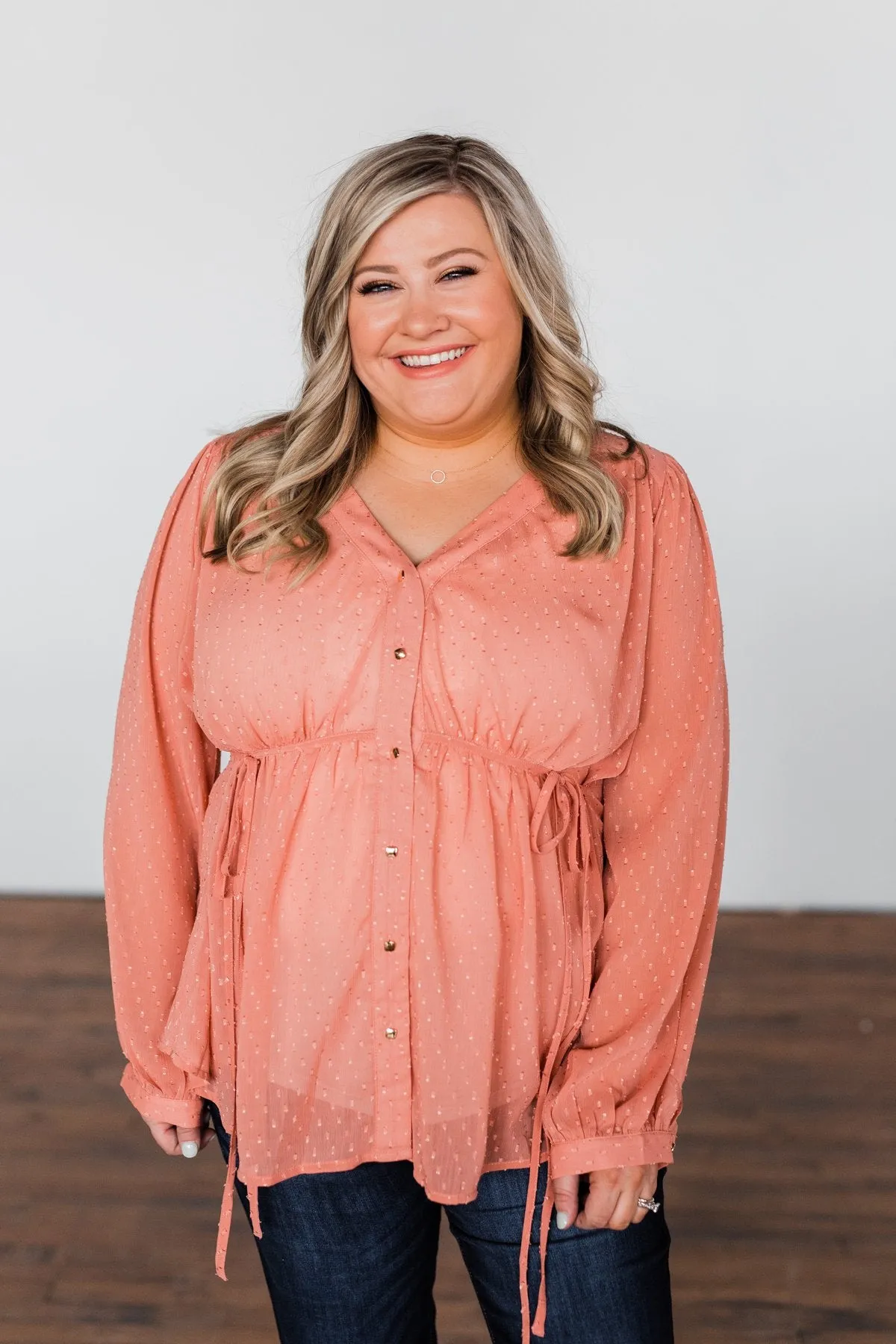 Get Together V-Neck Tie Blouse- Dusty Peach