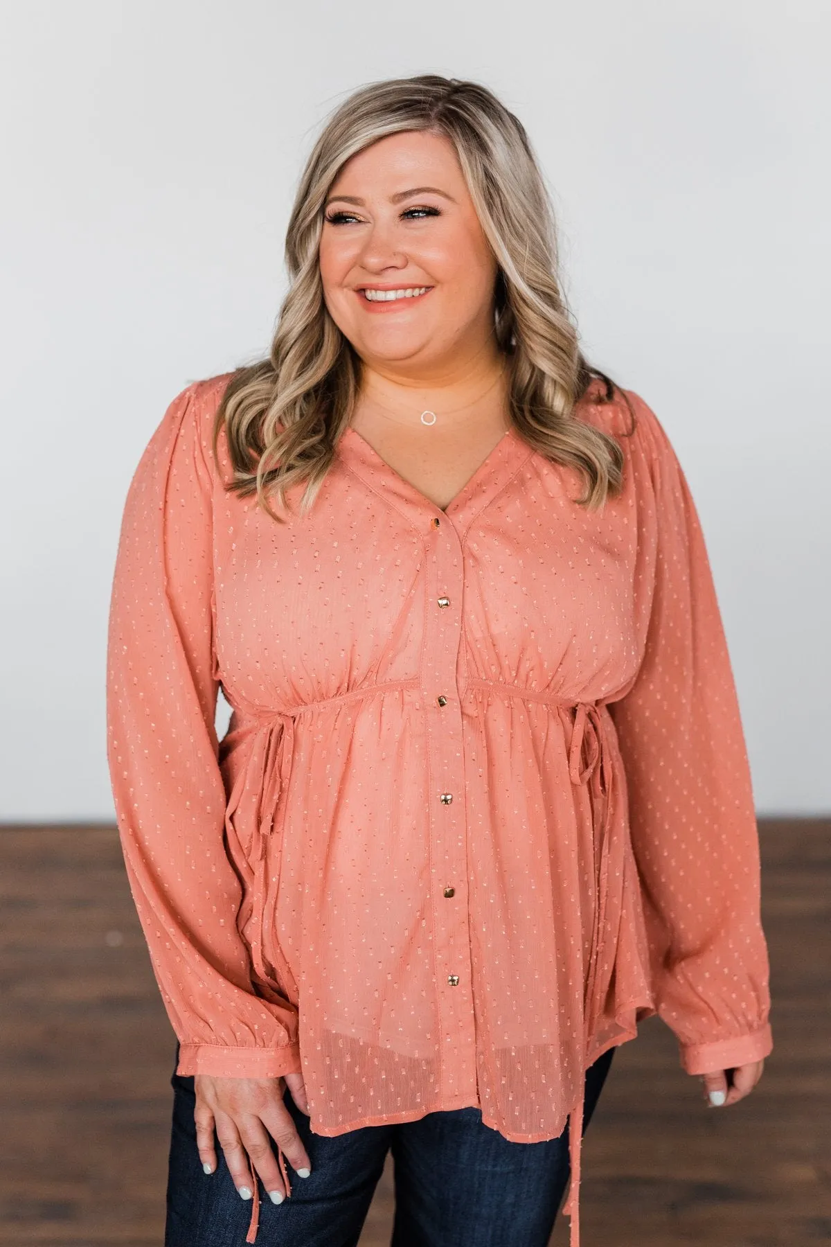 Get Together V-Neck Tie Blouse- Dusty Peach