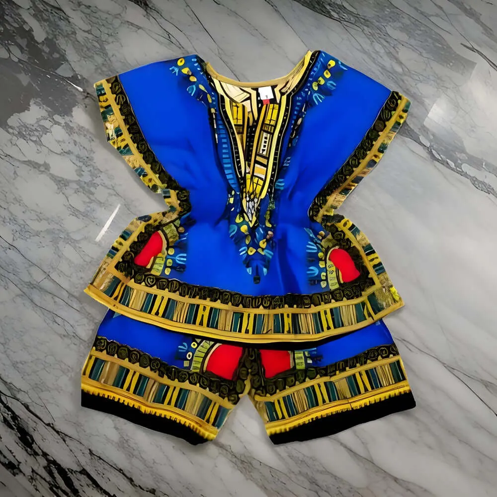 Girls Elastic Waistband Dashiki Top and Shorts Set