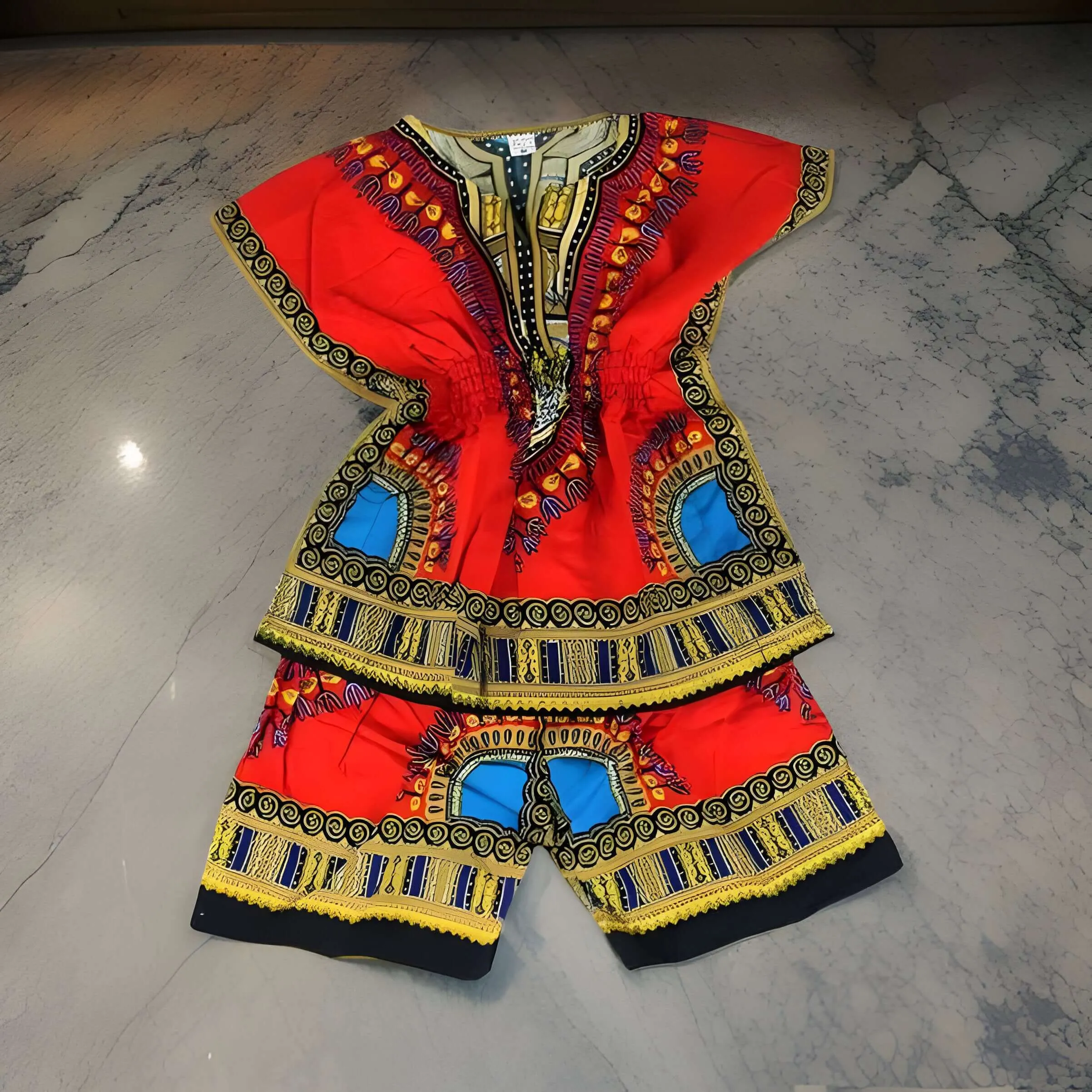 Girls Elastic Waistband Dashiki Top and Shorts Set