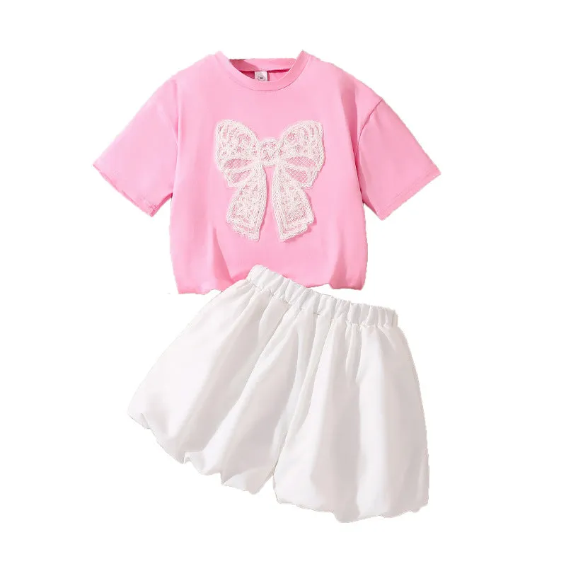 Girls' suits 2025 summer new style fashionable lace bow short-sleeved tops sweet flower bud shorts two pieces