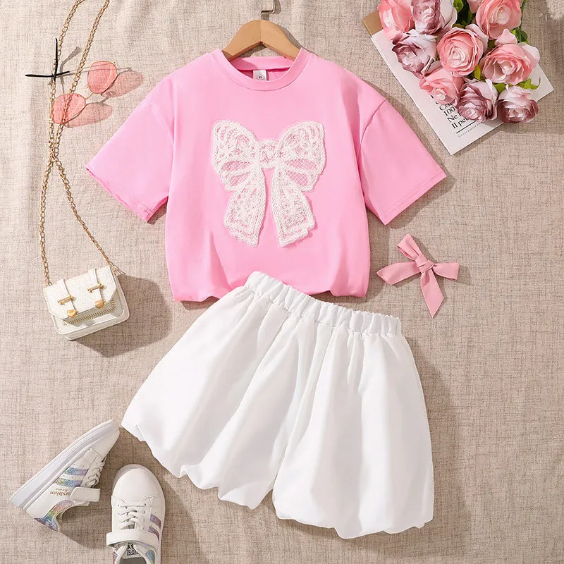 Girls' suits 2025 summer new style fashionable lace bow short-sleeved tops sweet flower bud shorts two pieces