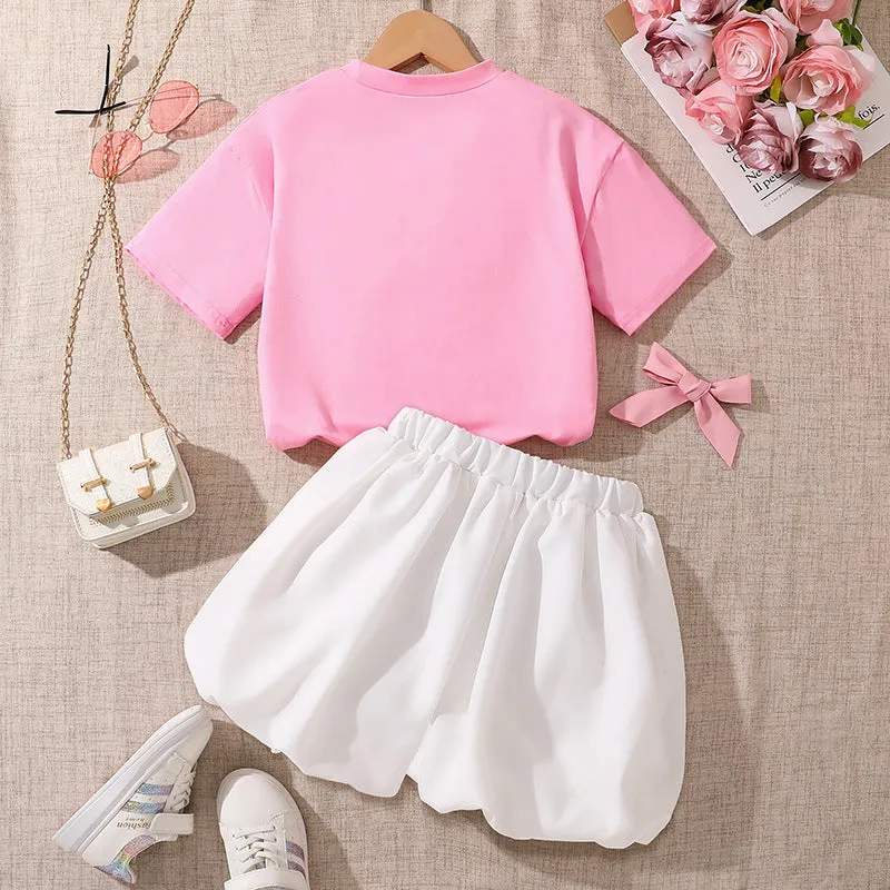 Girls' suits 2025 summer new style fashionable lace bow short-sleeved tops sweet flower bud shorts two pieces
