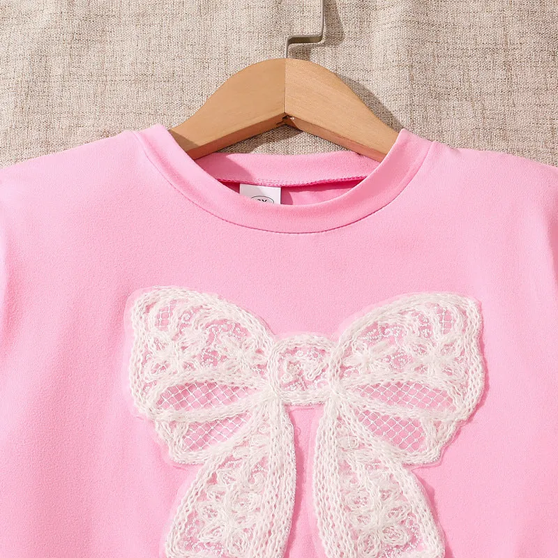 Girls' suits 2025 summer new style fashionable lace bow short-sleeved tops sweet flower bud shorts two pieces