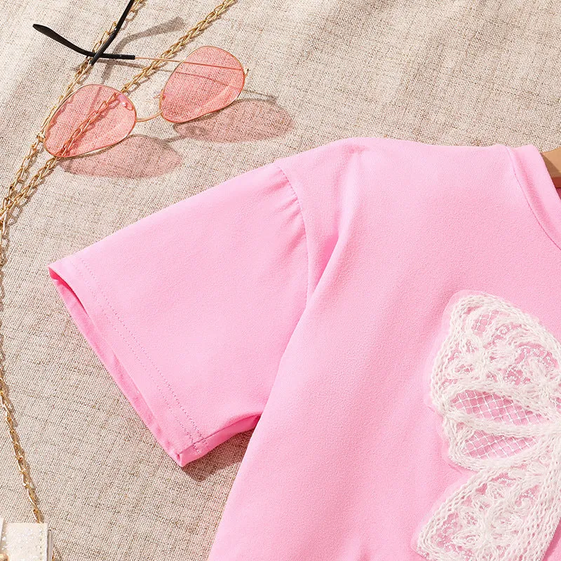 Girls' suits 2025 summer new style fashionable lace bow short-sleeved tops sweet flower bud shorts two pieces