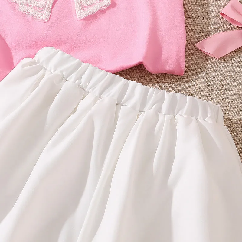Girls' suits 2025 summer new style fashionable lace bow short-sleeved tops sweet flower bud shorts two pieces