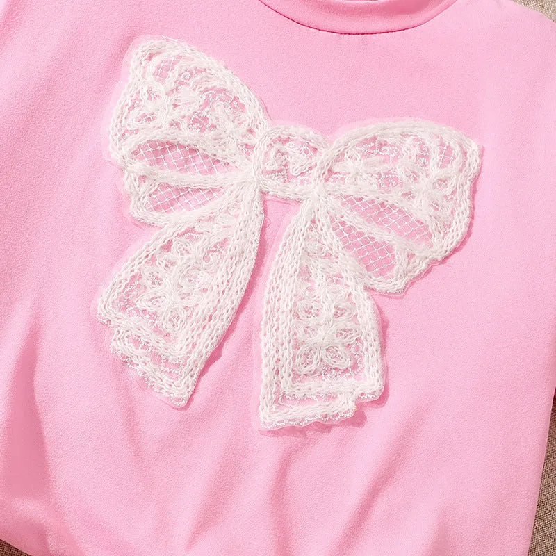 Girls' suits 2025 summer new style fashionable lace bow short-sleeved tops sweet flower bud shorts two pieces