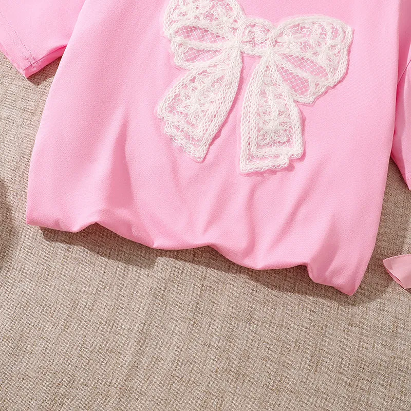 Girls' suits 2025 summer new style fashionable lace bow short-sleeved tops sweet flower bud shorts two pieces
