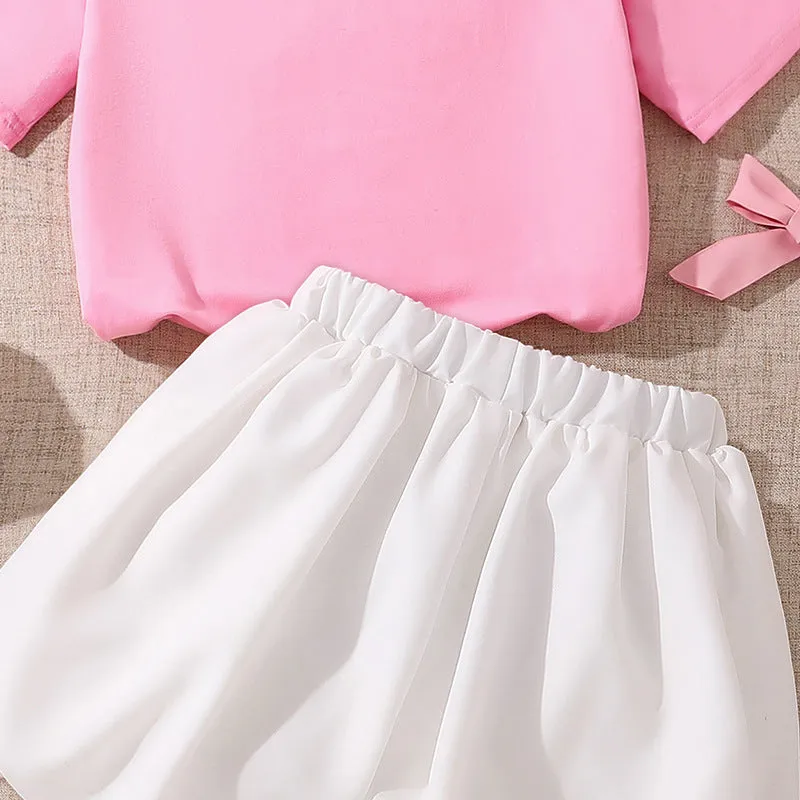Girls' suits 2025 summer new style fashionable lace bow short-sleeved tops sweet flower bud shorts two pieces