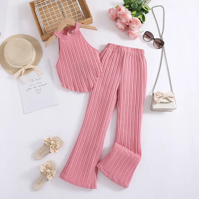 Girls' suits for summer, stylish halter neck sleeveless tops and pants