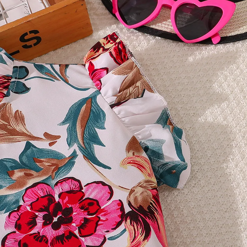 Girls' suits summer new style flying sleeves printed tops and trousers 7-12 years old
